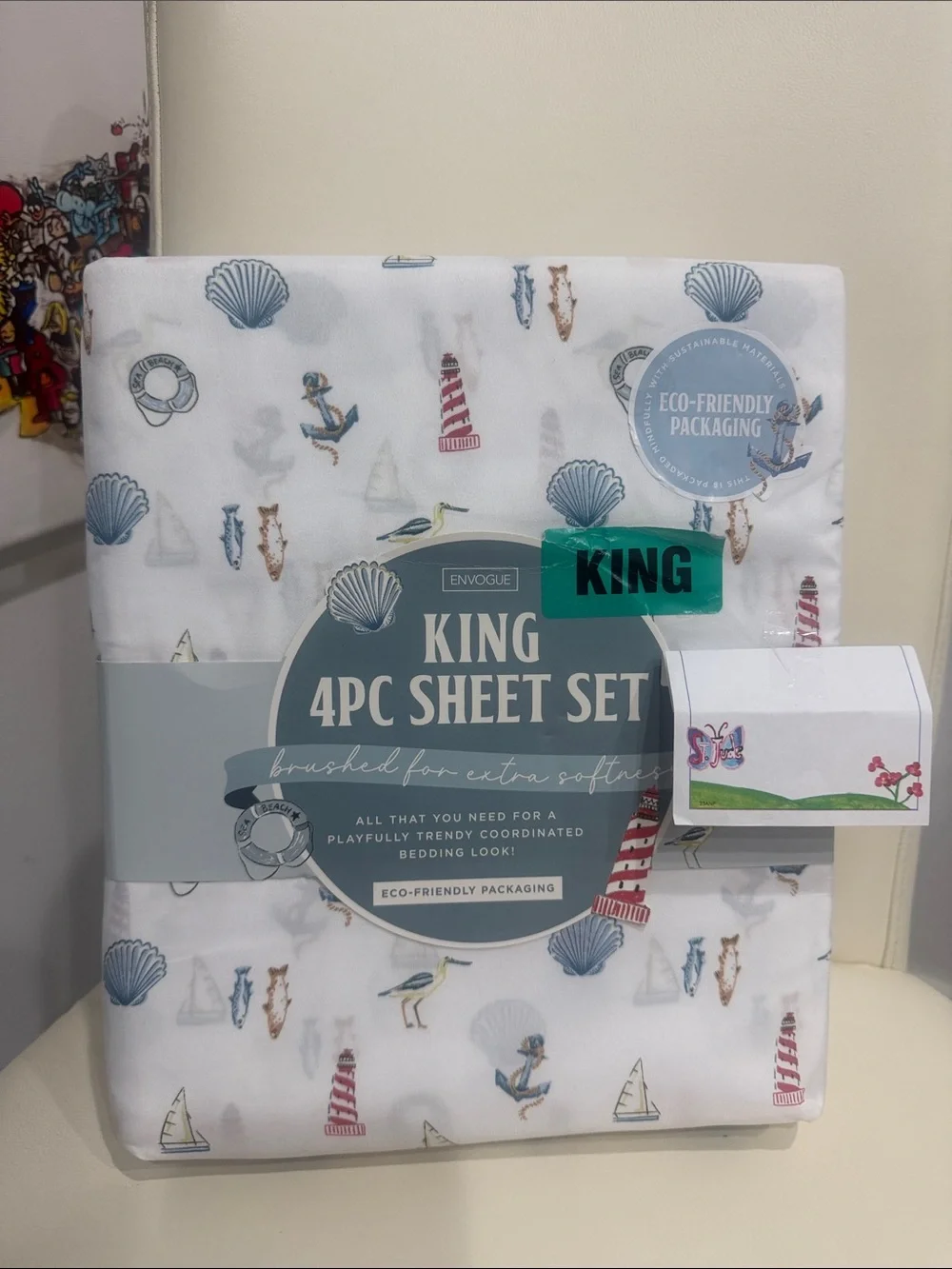 Envogue King Bed Sheet Set in White with Blue and Red Nautical Motifs